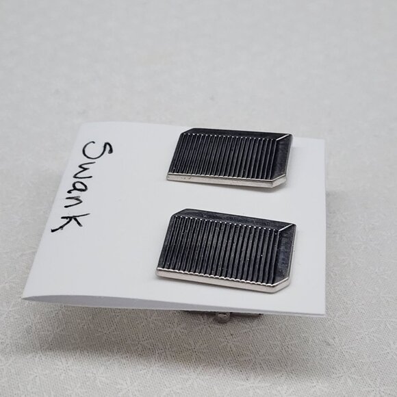 Vintage Swank Rectangular Silver-Tone Ribbed Cufflinks For Men - Picture 2 of 3